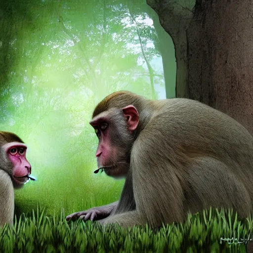 Image similar to two macaques looking at each other inside forest, digital art, soft shadows, creepy art, sun flare