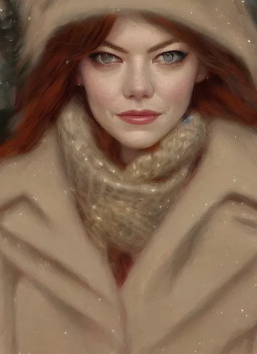 Image similar to emma stone in beige coat, close up face, winter new york, snow, artwork by gaston bussiere, craig mullins, trending on artstation