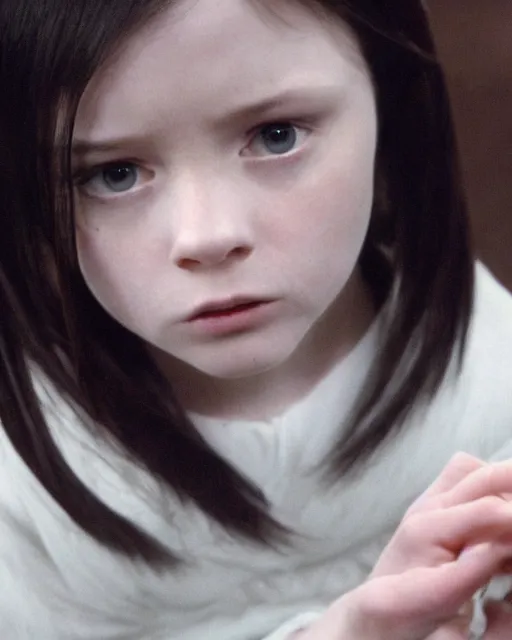 Image similar to Film still of the Little girl from the movie Ring, white skin, long black hair