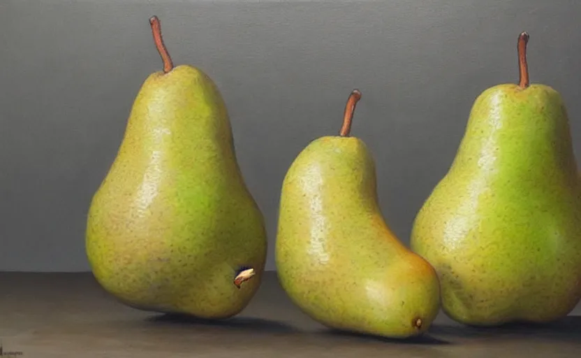 Image similar to a hyper-realistic oil painting of a pear; hyper-detailed; an extraordinary masterpiece!!!; flawless; trending on artstation