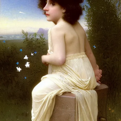 Prompt: Little angel with white feather wings on the back, Golden Ribbon, and white leggings Covered in stars. Short Hair. Sunlit. Haute Couture. Art by william-adolphe bouguereau and Paul Delaroche and Alexandre Cabanel and Lawrence Alma-Tadema and Johannes Helgeson. Smooth. Elegant. Highly Detailed. Intricate. 4K. UHD. Denoise.