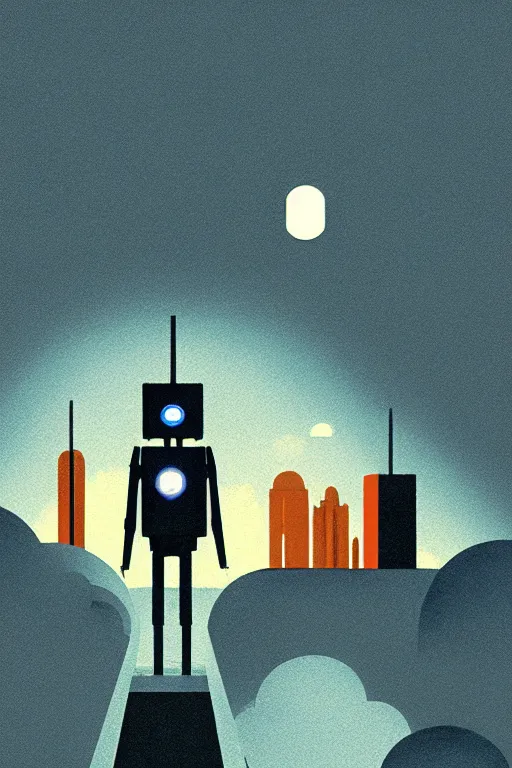 Image similar to a sad robot going for a jog+cloud city, Mads Berg, Karolis Strautniekas, film noir, stippled light, dramatic lighting,editorial illustration, gradient, detailed,fine texture, matte print, art deco, dark blue + dark orange, red, black, ((habitat 67 background))