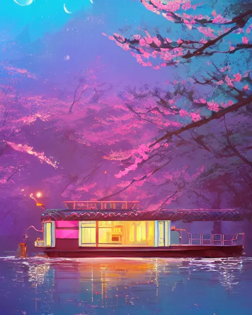Prompt: a houseboat on the river | cherry - blossoms | highly detailed | very intricate | serene romantic fantasy whimsical magical | professional cinematic lighting | bokeh | dusk | studio ghibli | award - winning | matte painting by anton fadeev and paul lehr and rhads and alena aenami | pastel color palette | featured on artstation