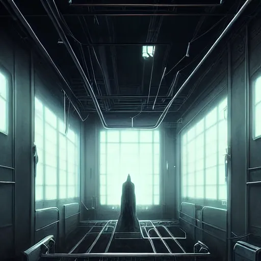 Image similar to professional ominous concept art architecture of a black metalic room with cables hanging from the ceiling by artgerm and greg rutkowski. an intricate, elegant, highly detailed digital painting, concept art, smooth, sharp focus, illustration, in the style of simon stalenhag, wayne barlowe, and igor kieryluk. ( low camera angle )