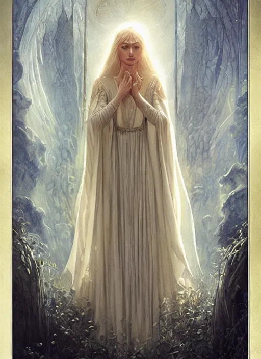 Prompt: galadriel of lothlorien, art by tom bagshaw and alan lee