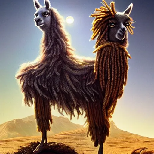 Prompt: A cinematic matte painting of a llama with dreadlocks, heroic pose, ultra realistic, ultra detailed, in the style of chriss foss