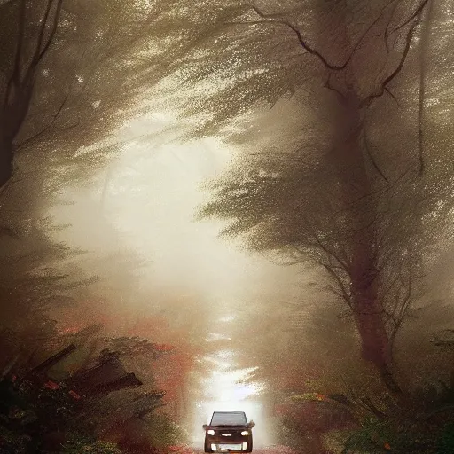 Image similar to a landrover crossing a forest path while its raining, digital art, artstation, photgraphy, highly detailed, digital painting, artstation, concept art, sharp focus, illustration, art by greg rutkowski and artgerm