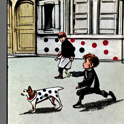 Image similar to book illustration of a french boy on the streets of paris playing football against a corgi, the dog is wearing a polka dot scarf, 1 9 6 6