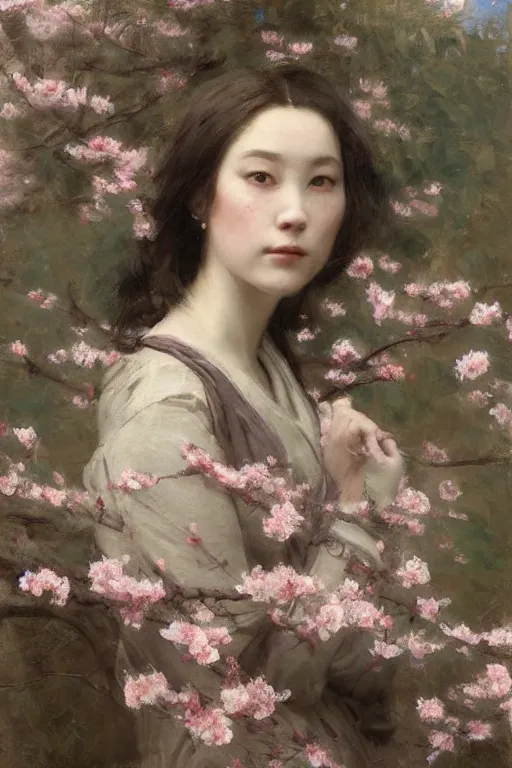 Image similar to Solomon Joseph Solomon and Richard Schmid and Jeremy Lipking victorian genre painting full length portrait painting of a young beautiful woman from japan with cherry blossoms and cherry trees