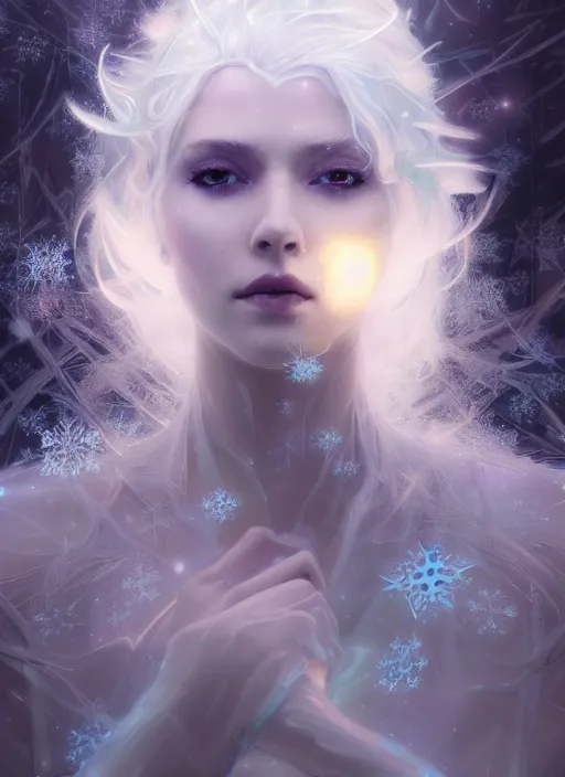 Image similar to a beautiful white haired ice queen, glowing magic snowflakes, intricate concept art, elegant, highly detailed, digital painting, smooth, sharp focus, illuminated lines, outrun, vaporware, illuminated runes, cyberpunk darksynth, ethereal, ominous, misty, 8 k, by ruan jia and craig mullins and alphonse mucha