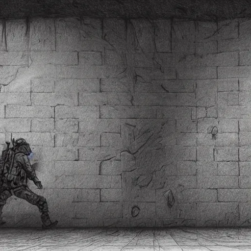 Image similar to pencil art, close up shot, realistic, cinematic, hyper detailed, smooth, soldier hiding behind wall, aliens walking in the background.