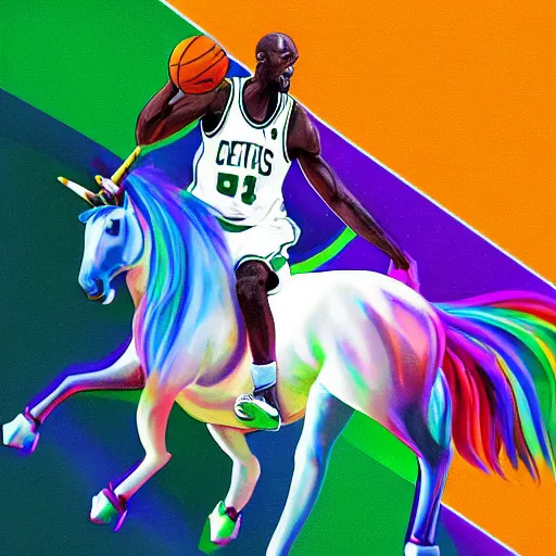 Image similar to Kevin Garnett Riding a Unicorn, Digital Art, Dramatic Lighting, Celtics Legend