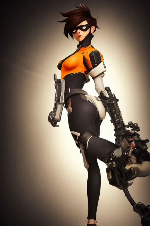 Image similar to tracer from overwatch doing a pin up pose, dark room, cinematic, volumetric lighting, hyperdetailed photograph