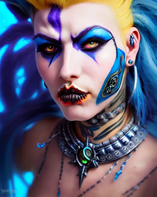 Prompt: junker queen from overwatch, mohawk, braids, blue hair, face paint, elegant, lip piercing, none piercing, fantasy, fantasy art, character portrait, portrait, close up, highly detailed, intricate detail, amazing detail, sharp focus, vintage fantasy art, vintage sci - fi art, radiant light, caustics, by boris vallejo