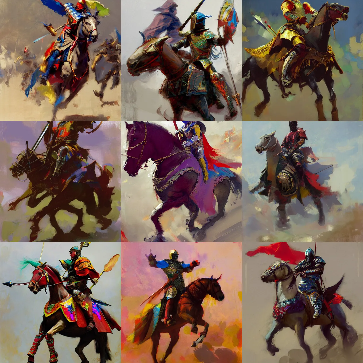 Prompt: colorful rider with couched jousting lance, caparisons, chainmail, detailed by greg manchess, bernie fuchs, ruan jia, walter everett