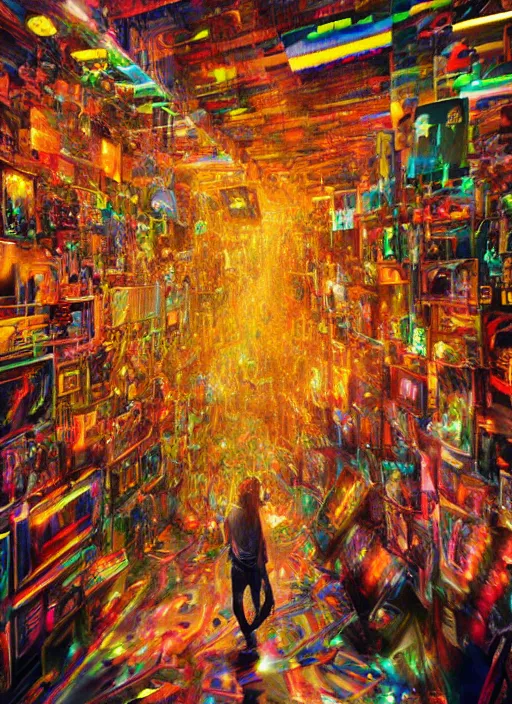 Image similar to cinematic shot epic hall of creatives, walls of large moving images, hyper realistic, mood lighting, fantasy, detailed people creating colorful diverse art, highly detailed, super realistic, perfect lighting pixel sorting, style sheet