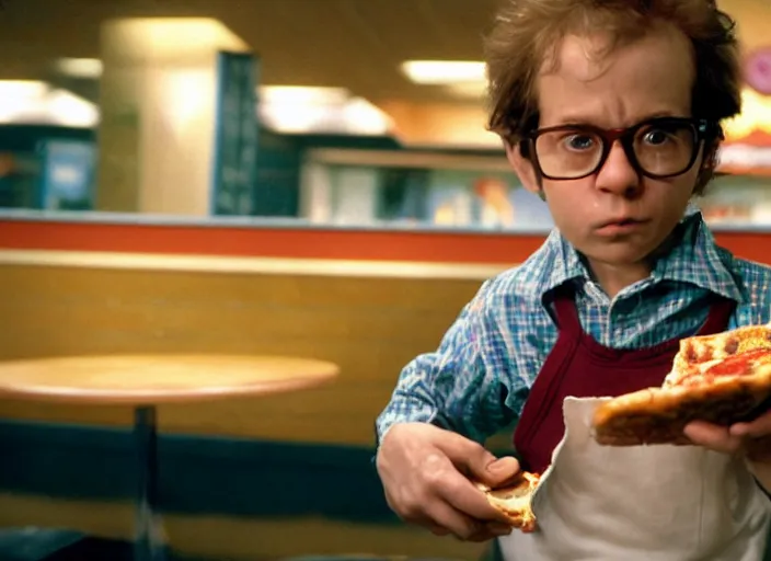 Prompt: detailed portrait of charlie kaufman eating pizza at chuck - e - cheese, dramatic lighting, moody film still from being john malkovich ( 2 0 1 0 ), 3 5 mm kodak color stock, 2 4 mm lens, directed by spike jonze, ecktochrome