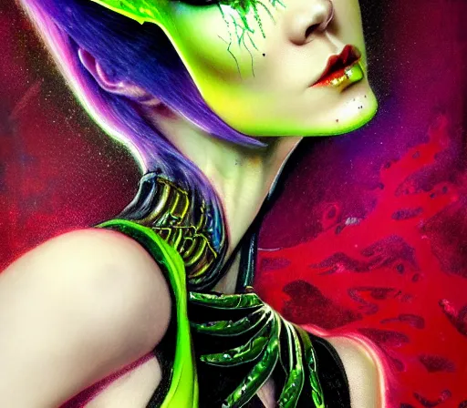 Image similar to a Demon Slayer portrait of Bayonetta , tall, pale-skinned, and slender woman with lime green eyes and long eyelashes by Stanely Artgerm,Tom Bagshaw,arthur adams,Carne Griffiths,trending on DeviantArt,street art,face enhance,chillwave,maximalist,full of color,glittering