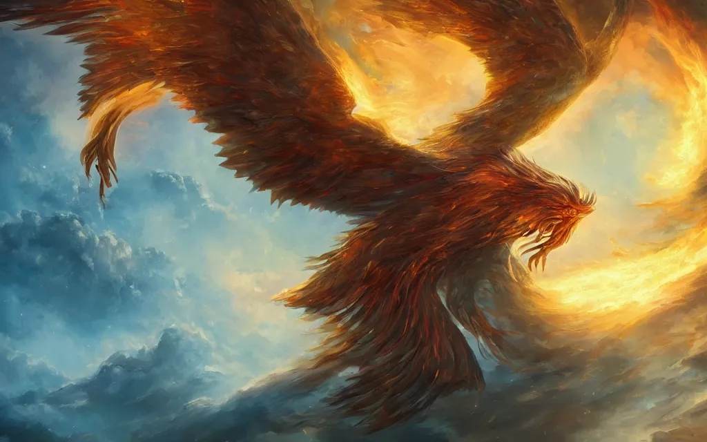 Prompt: epic magic, a phoenix in the air, mystical energy in the air, d & d fantasy digital painting, hd, 4 k, 8 k