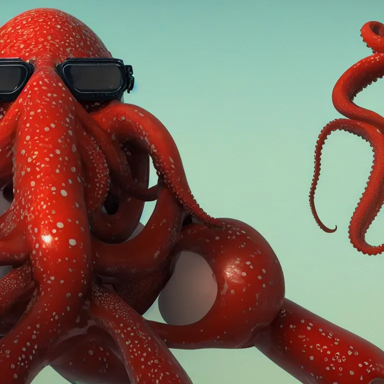 Image similar to octane render portrait by wayne barlow and carlo crivelli and glenn fabry, subject is a man in a wet suit with goggles on with giant long red detailed octopus tentacles coming out of his mouth, cinema 4 d, ray traced lighting, very short depth of field, bokeh