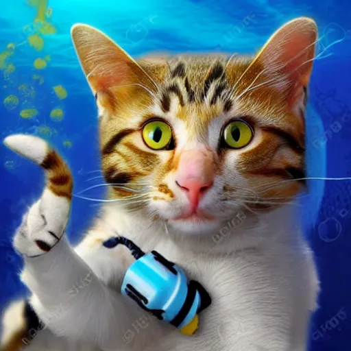 Image similar to a cat scuba diver, ears and tail and flippers, mystical undersea atmosphere, realistic