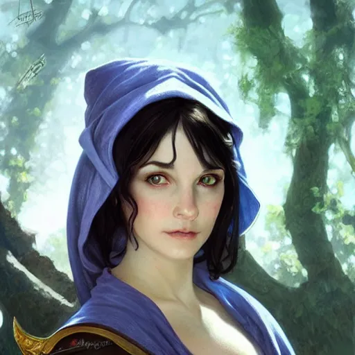 Image similar to d & d portrait of an elf resting on a tree, short black hair, regal sky blue robes, sharp focus, intricate, smooth, ultra realistic digital art, high fantasy, pointed ears, elegant, by artgerm, greg rutkowski, alphonse mucha