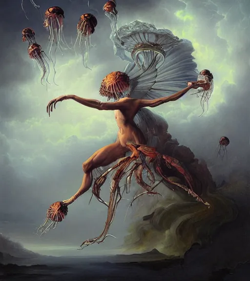 Prompt: an anatomical oil painting of a Jellyfish Harpy from a medical journal by Peter Mohrbacher and Nychos, highly detailed, high detail, 8k, storm clouds, birds, dramatic lighting