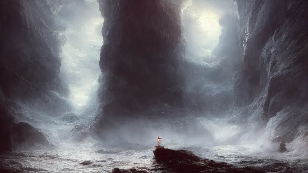 Prompt: red lighthouse in the cave, andreas achenbach, artgerm, mikko lagerstedt, zack snyder, tokujin yoshioka