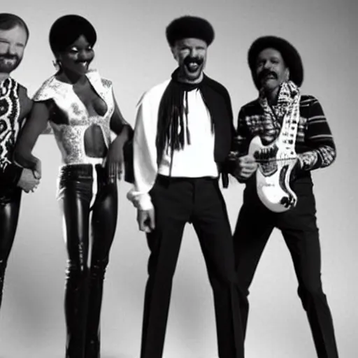 Prompt: Walter White performs with Boney M., 1970s