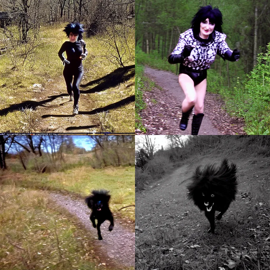 Prompt: trail cam footage of siouxsie sioux, siouxsie sioux running towards the camera