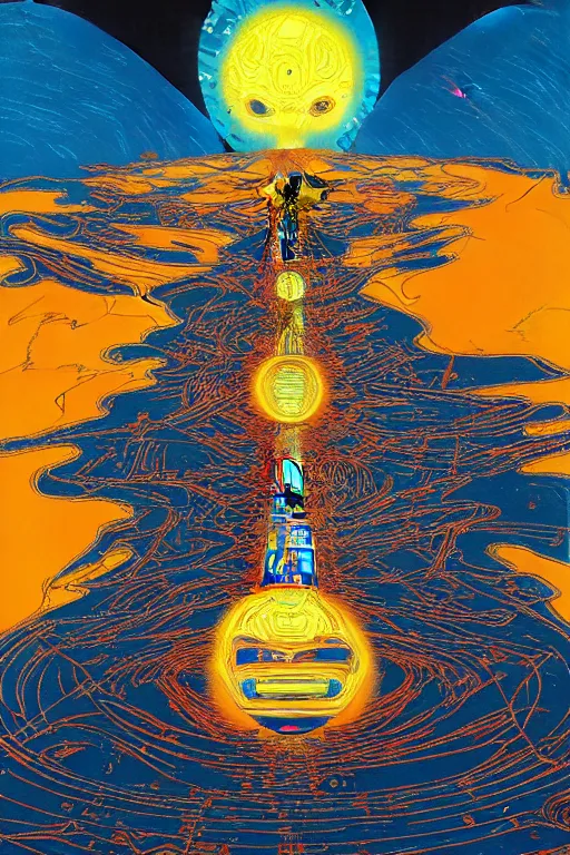 Prompt: a painting of a blazing geometric sun above a giant robotic monk, detailed, 4 k, by stanley donwood philippe druillet and victo ngai,