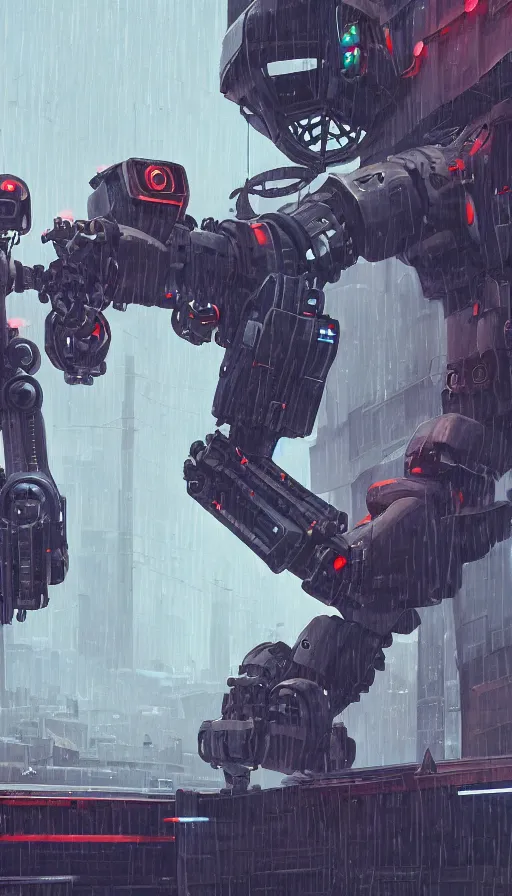 Image similar to a dieselpunk robot duels a cyberpunk robot, raining, sharp focus, james gilleard, cinematic, game art, extremely detailed digital painting