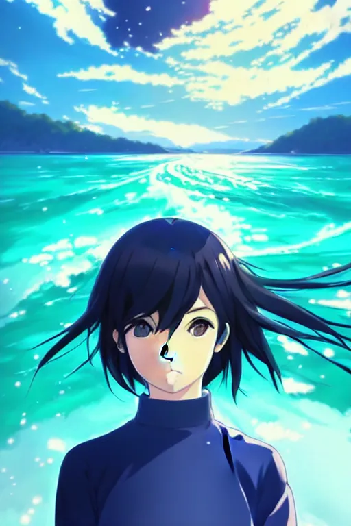Image similar to makoto shinkai, artgerm, ilya kuvshinov, beautiful anime women with green dress, long blue hair, water powers water swirling, symmetrical face, symmetrical eyes, detailed, beach setting, cinematic lighting