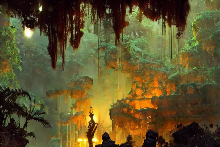 Prompt: beautiful serene night in pandora jungle ruins, bioluminescence plants, painting by gaston bussiere, craig mullins, j. c. leyendecker, tom of finland