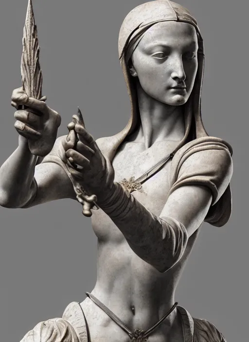 Prompt: a medieval female mercenary, elegant, filigree renaissance sculpture from marble, brilliant symmetry, created by verrocchio andrea, leonardo da vinci, sandro botticelli, raffaelle monti, epic 7 0 mm lens shot, artstation trending, photorealism, sharp focus, smooth, establishing shot, sense of awe