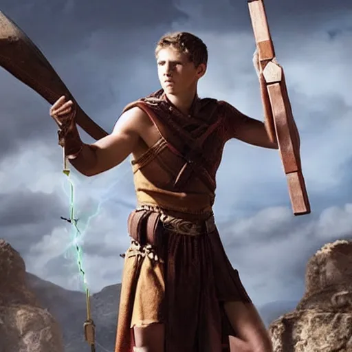 Prompt: handsome 17 year old boy in a Biblical outfit holding a slingshot to fight against the giant Goliath, epic, cinematic lighting, directed by Zack Snyder