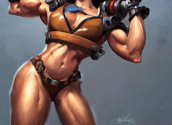 Prompt: portrait of tracer from overwatch as a beautiful female bodybuilder amazon with plump lips, elegant, fantasy, hd shot, digital portrait, beautiful, artstation, comic style, by artgerm, guy denning, jakub rozalski, magali villeneuve and charlie bowater