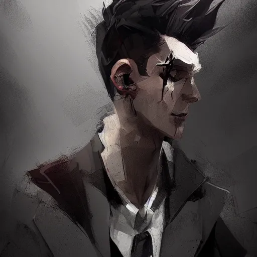 Image similar to human male character art, by Ismail Inceoglu, Kaz Brekker, dark hair, sunken eyes, grinning, scars, grey suit, combed hair, digital art, dungeons and dragons, art