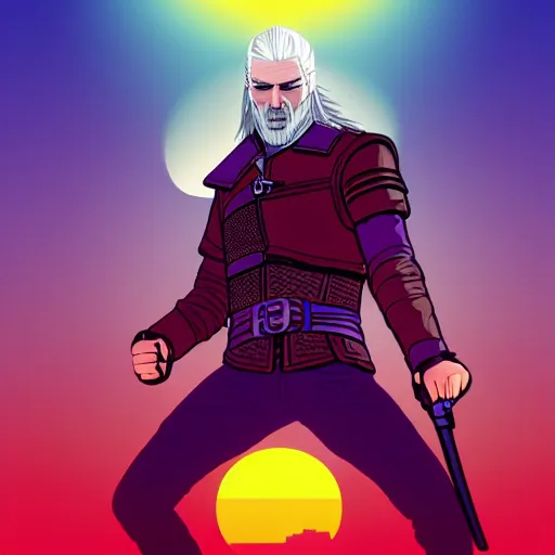 Image similar to 3 / 4 view closeup portrait of geralt of rivia with light blue shutter shades in front of a sunset, a dark purple leather jacket, vector art by jan tengnagel, pixabay contest winner, retrofuturism, retrowave, synthwave, outrun, portrait, synthwave