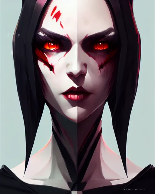 Image similar to sharp hq rendering, dark vampire, character portrait, concept art, painterly, fanart, highly detailed in the style of wlop by ilya kuvshinov, wenjun lin, angular asymmetrical design