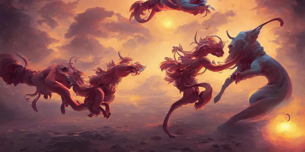 Image similar to Aesthetic art of the Zodiacs playing with each other , cgsociety, fantasy art, concept art , ambient occlusion, behance hd , concept art by Jesper Ejsing, by RHADS, Makoto Shinkai Cyril Rolando