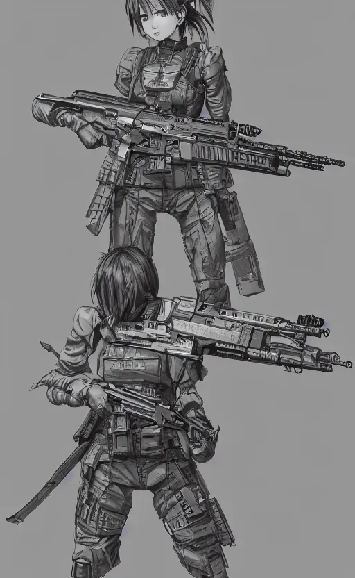 Image similar to highly detailed, high resolution, character design art, stunning, volumetric lightning, realistic guns, girls frontline style, matte, sharp focus, intricate, 150mm, illustration, artstation, by yoshihiro togashi, realistic human anatomy, simple design, realistic military gear, metal gear style