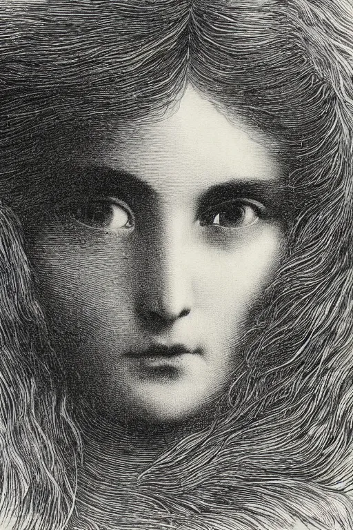 Image similar to extreme close-up hair covering a woman\'s face, forest background, Gustave Dore lithography