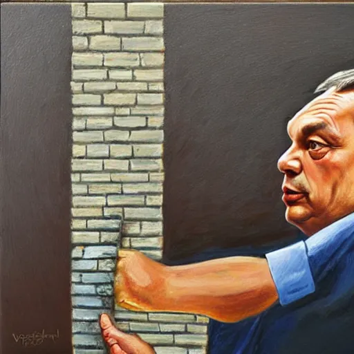 Prompt: viktor orban laying bricks, oil painting