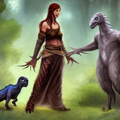 Prompt: female druid and a velociraptor, cinematic, trending in deviantart