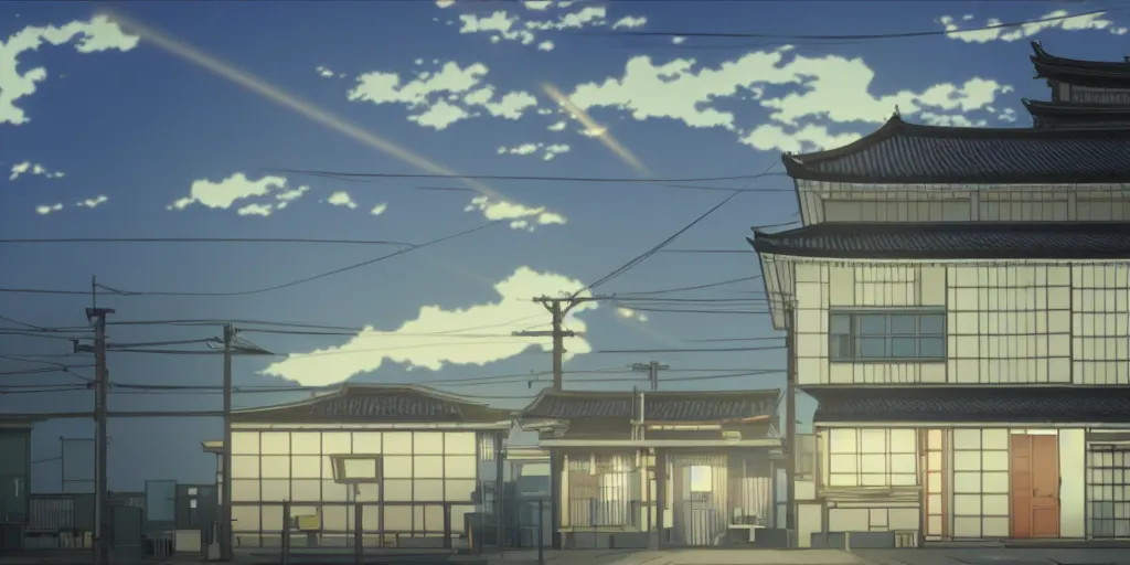 Prompt: close up front view of a japanese building facade with signs on it, sunrays shine upon it, a screenshot from the anime film by Makoto Shinkai