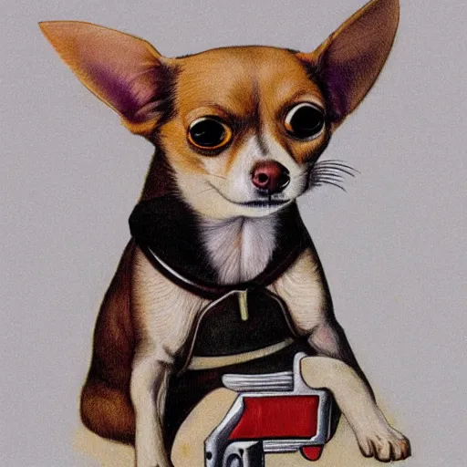 Image similar to chihuahua holding a pistol, drawing