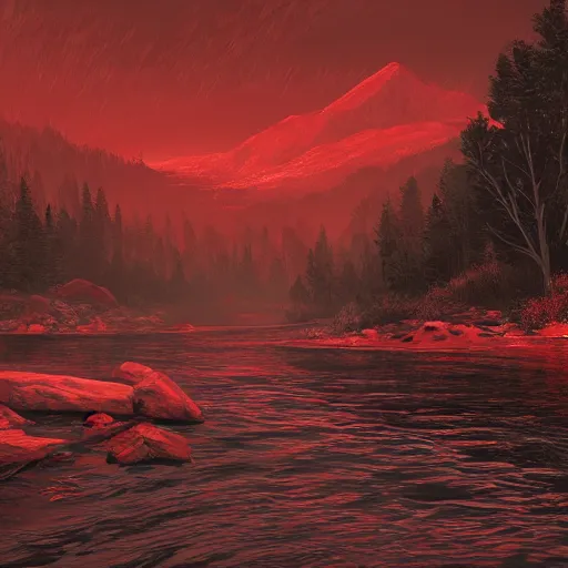 Image similar to dead river, red color, highly detailed, 8 k, artstation, beutifull, masterpiece,