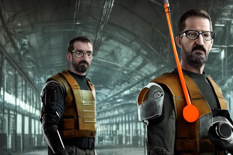 Image similar to vfx movie closeup real life gordon freeman holding wearing futuristic armor, half life logo on chest, crowbar in russian train yard by emmanuel lubezki