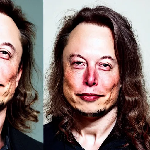 Image similar to A portrait photo of Elon Musk with very long hair